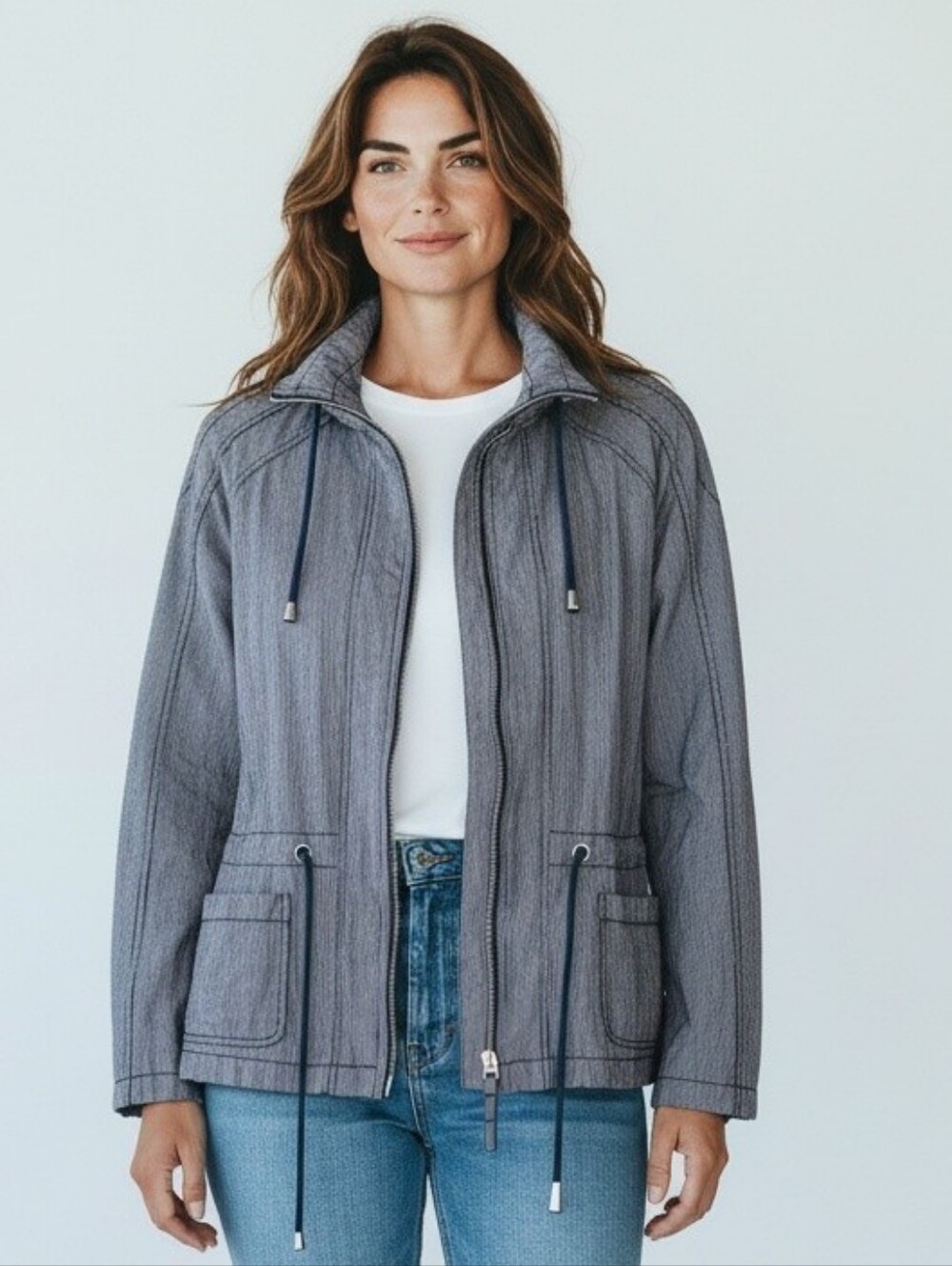 Lafayette 148 New York Cotton Blend Pinstripe Zip Jacket Lightweight Drawstring